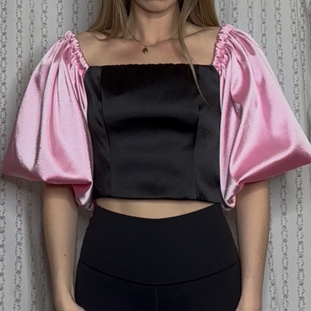 River Island Pink Satin Puff Sleeve Crop Top with Black Bodice